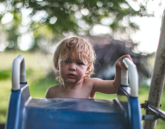 children climbing on slide
